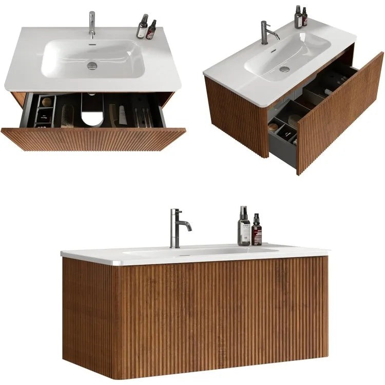 36" Bathroom Vanity Combo Single Wall Mounted Bathroom Cabinet with Ceramic Modern Bathroom  Cabinet with Soft Close Drawers
