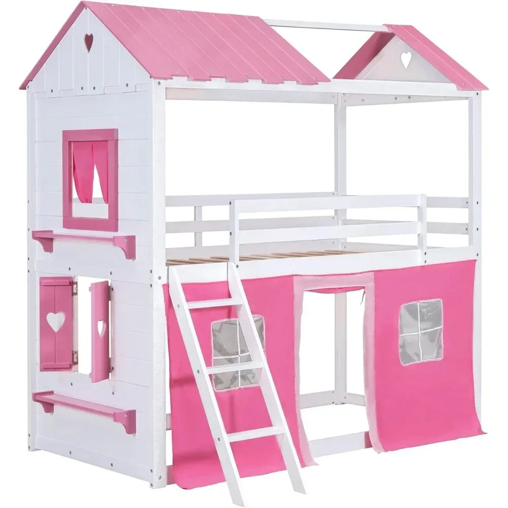 Twin Loft Bunk Bed with Tent,Kids Twin Loft Bed with Ladders,Guardrail,Windows & Roof,Suitable for bedrooms boys and girls