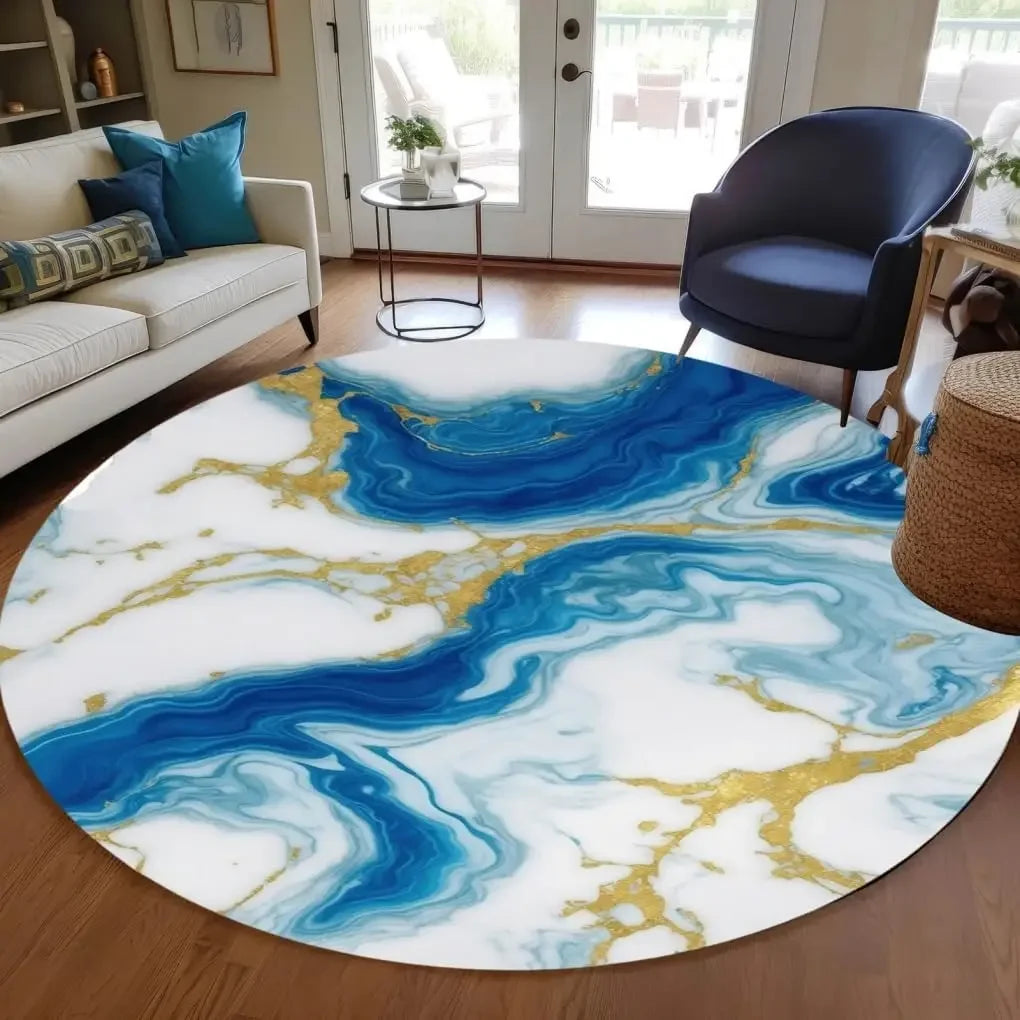 Unique Aesthetic Modern Abstract Black Gray Gold Marble Round Area Rug for Living Room Bedroom Guestroom Art Deco Luxury