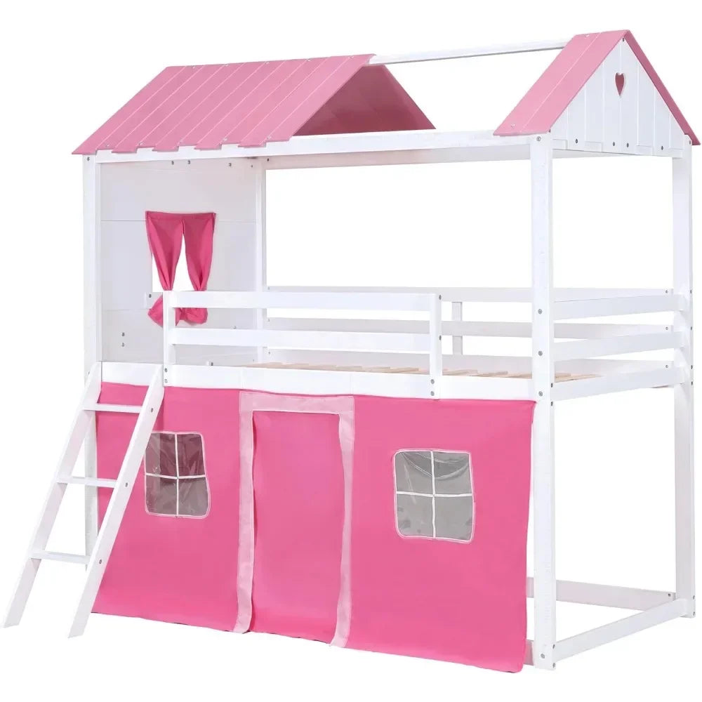 Twin Loft Bunk Bed with Tent,Kids Twin Loft Bed with Ladders,Guardrail,Windows & Roof,Suitable for bedrooms boys and girls